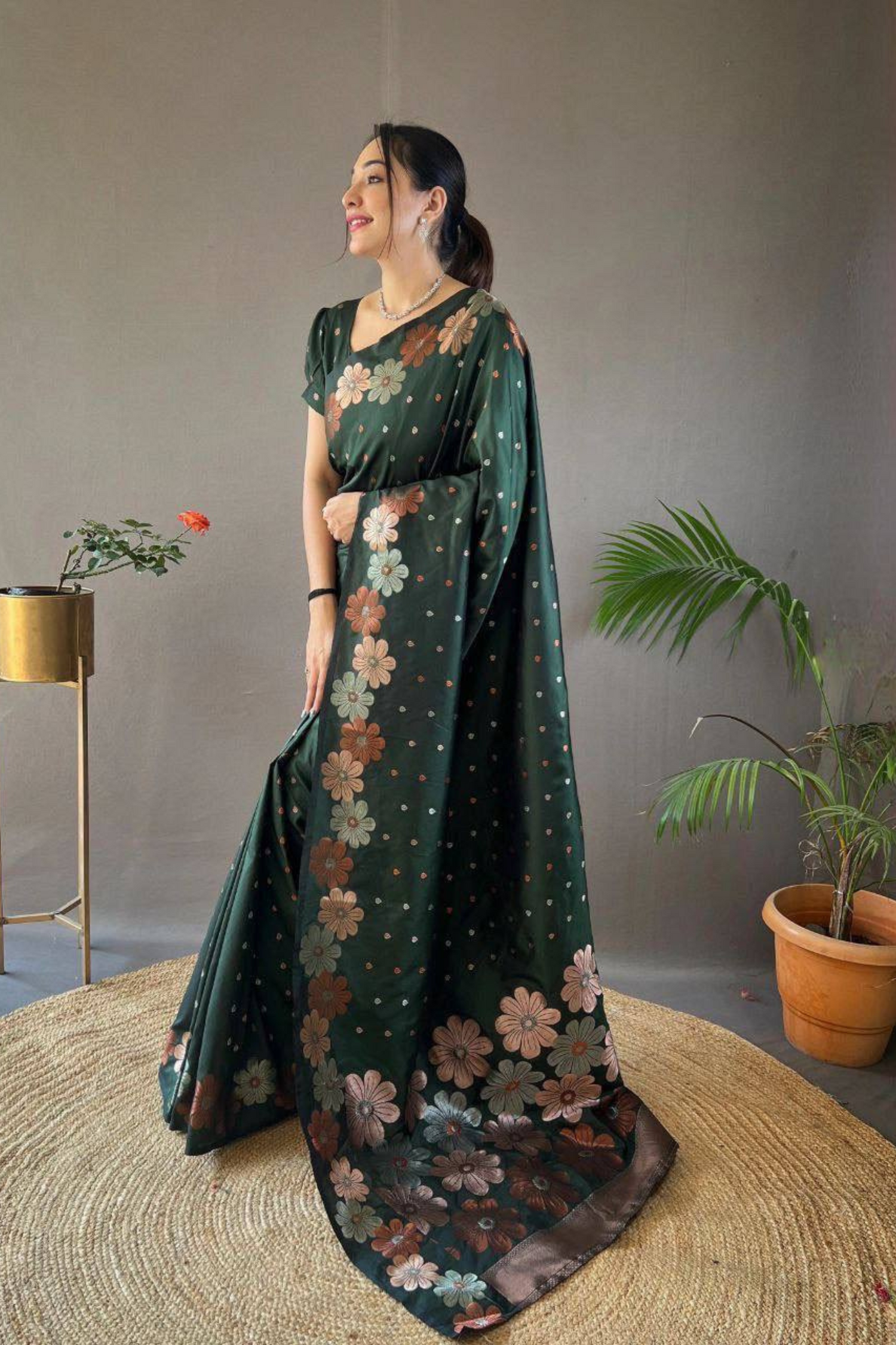 Rosette Bloom - Green Satin Silk Saree