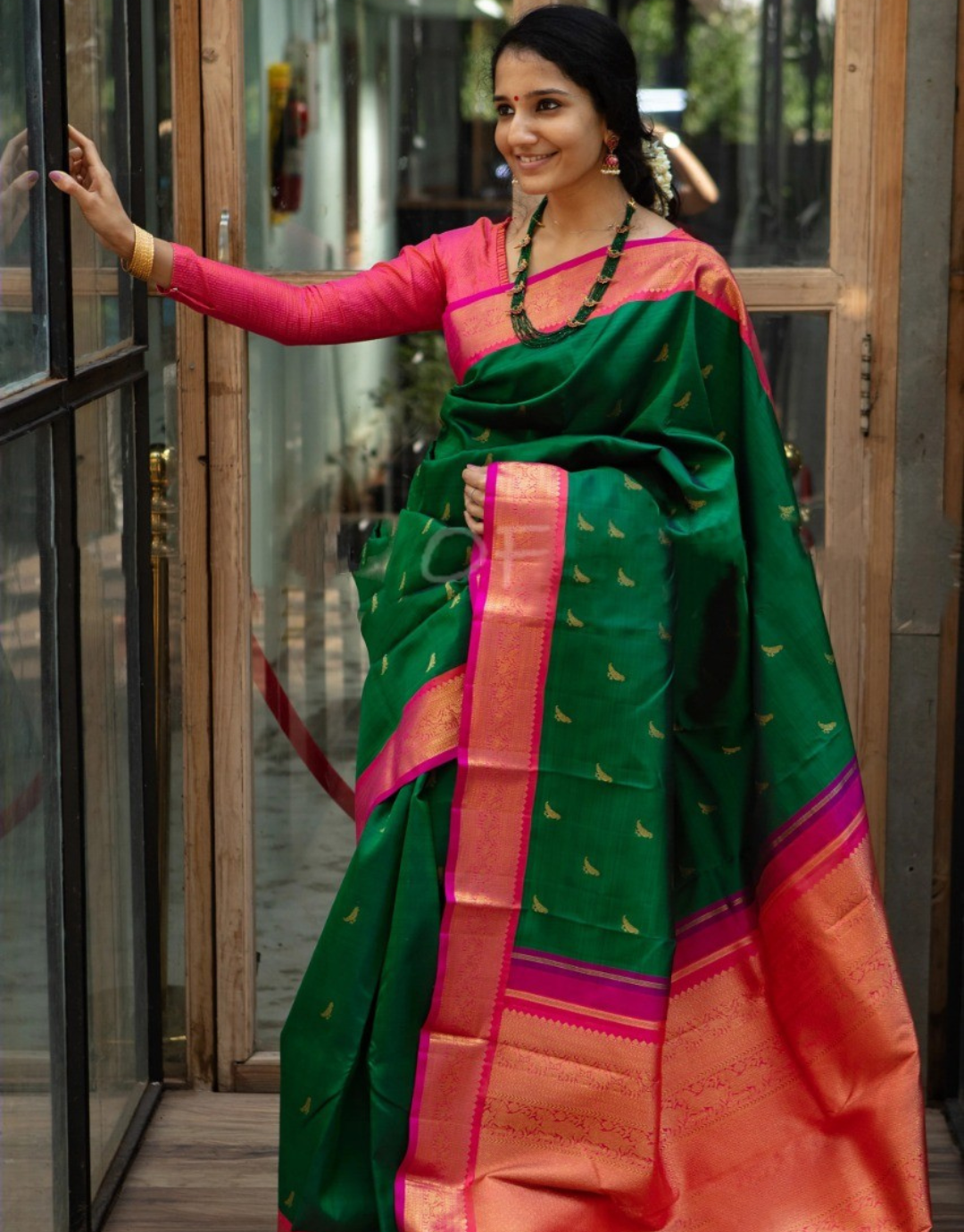 Moni Green-Pink Banarasi Silk Saree