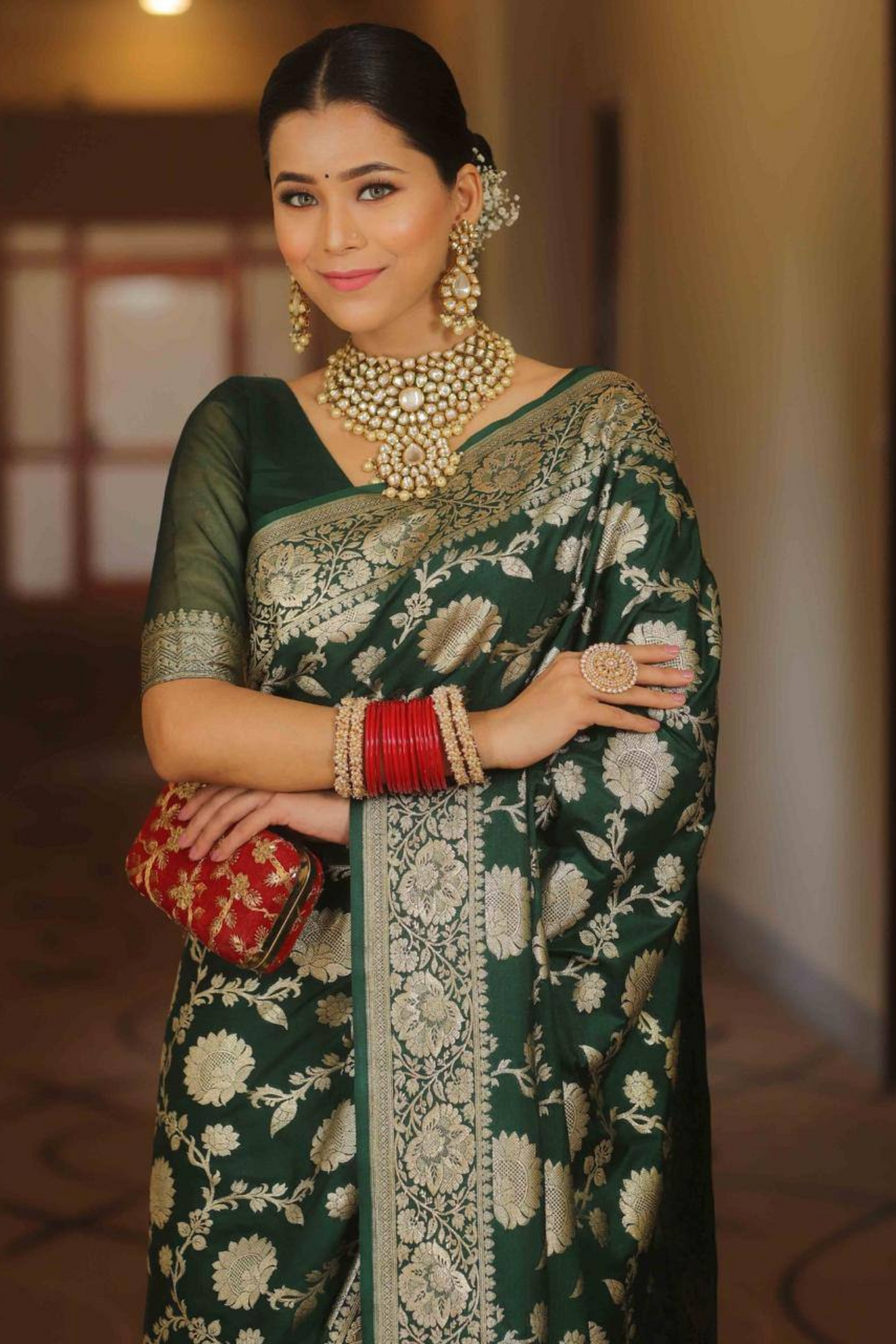 Burnished Sunbeam - Green Lichi Soft Silk Saree