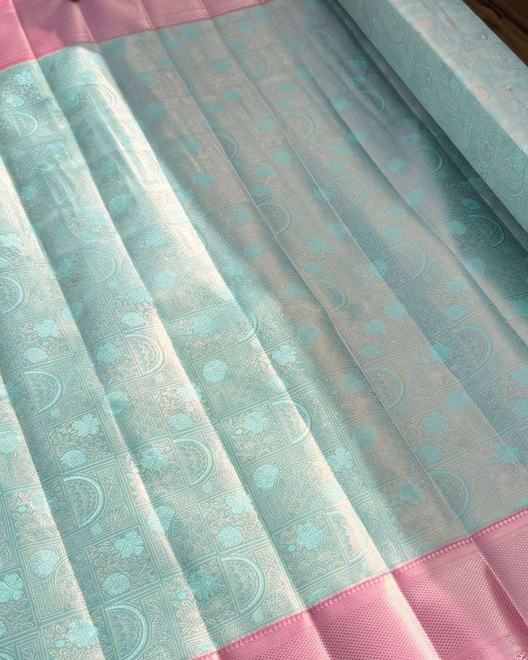 Fatima - Aqua Blue Pink Banarasi Silk Saree