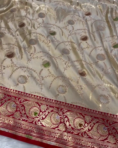 Vanya - Cream Red Banarasi Paisley Zari Silk Saree