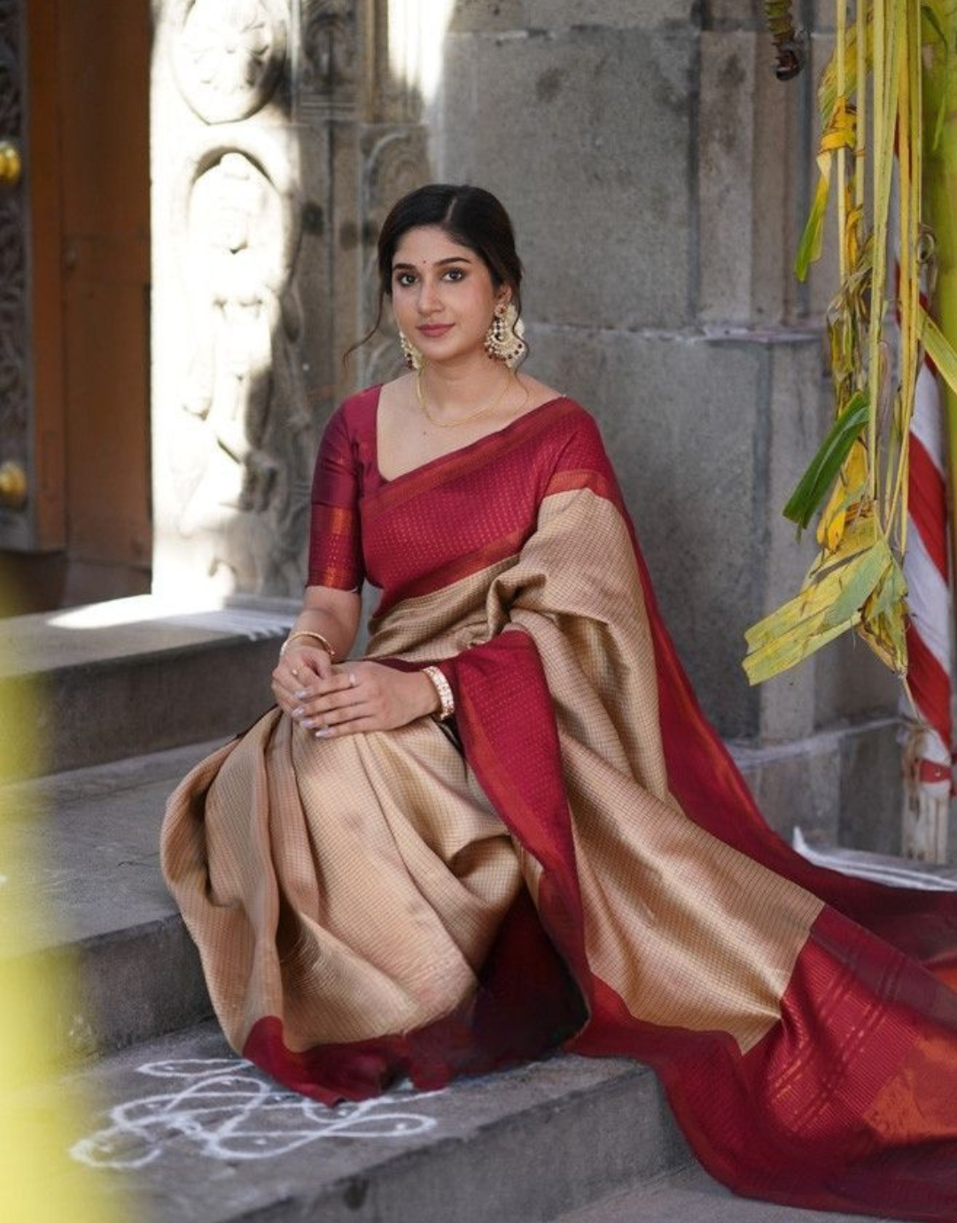 Nishu Beige Kanchipuram Silk Saree With Attached Blouse