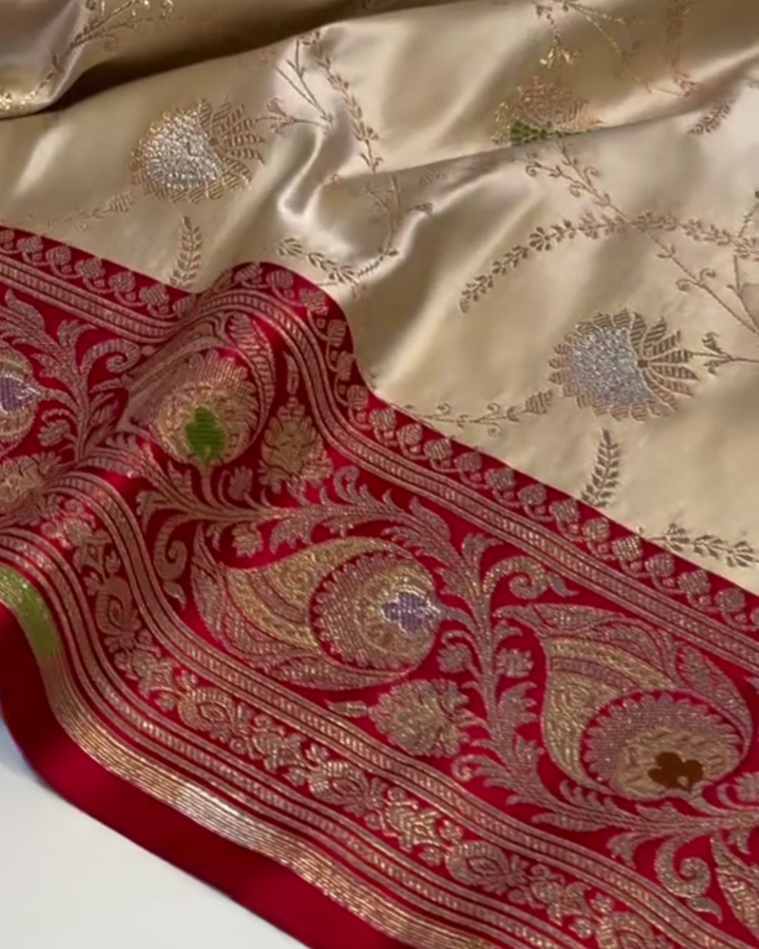 Vanya - Cream Red Banarasi Paisley Zari Silk Saree