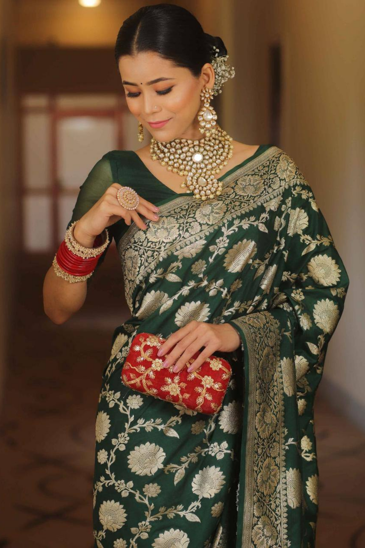 Burnished Sunbeam - Green Lichi Soft Silk Saree