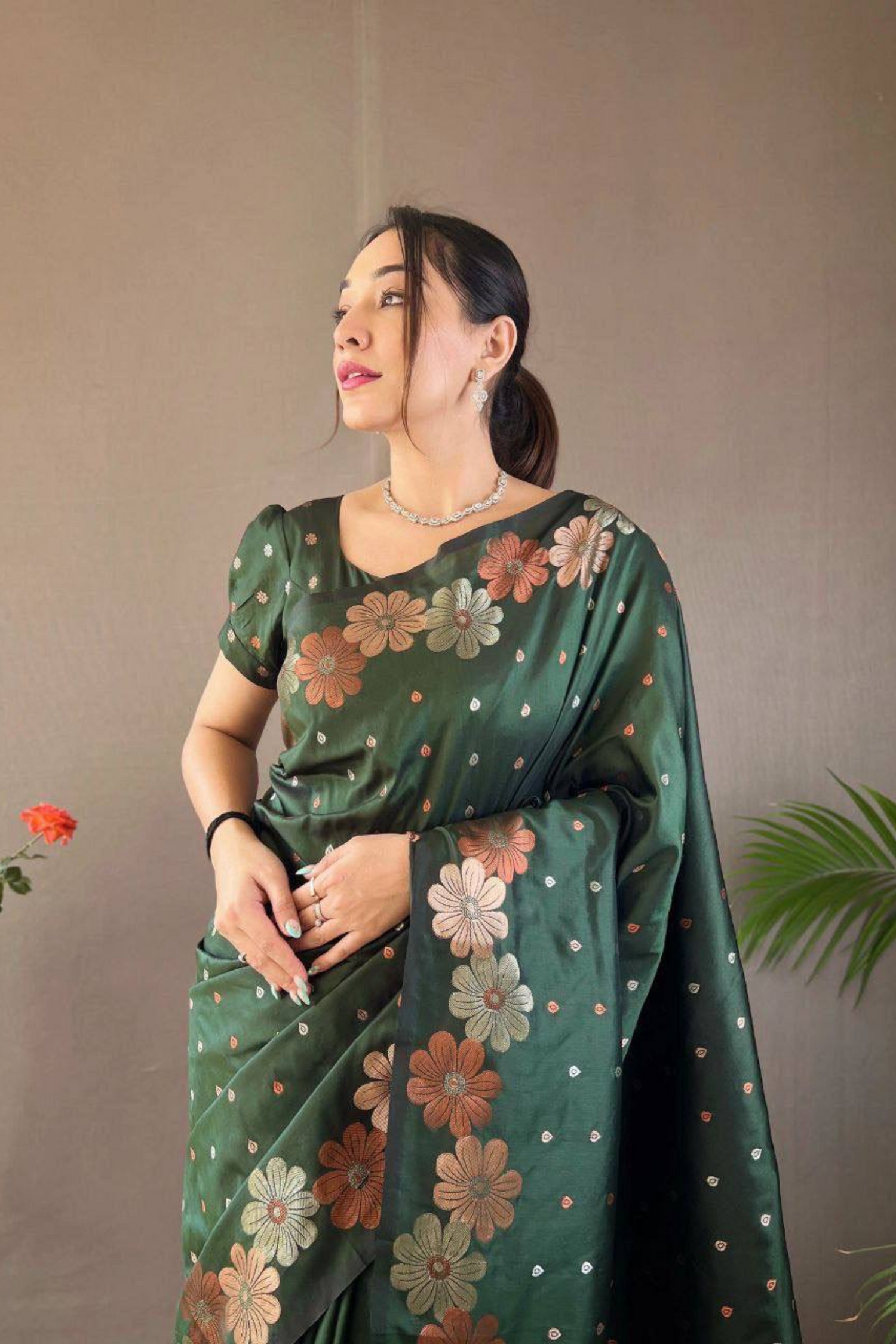 Rosette Bloom - Green Satin Silk Saree