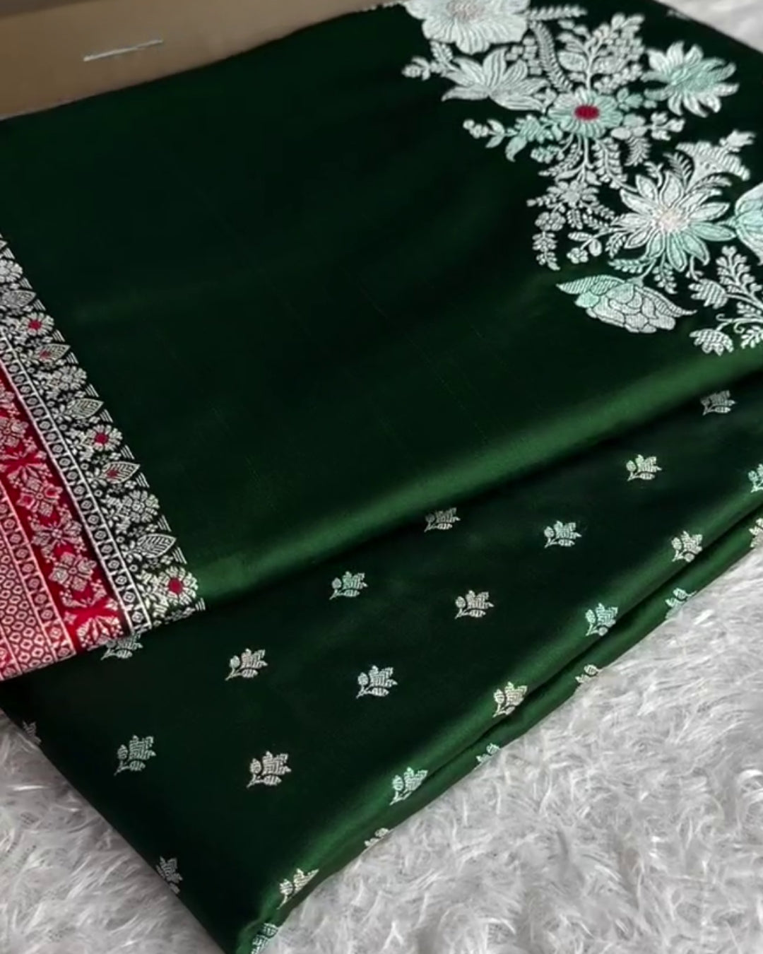 Mahika - Bottle Green Floral Banarasi Silk Saree