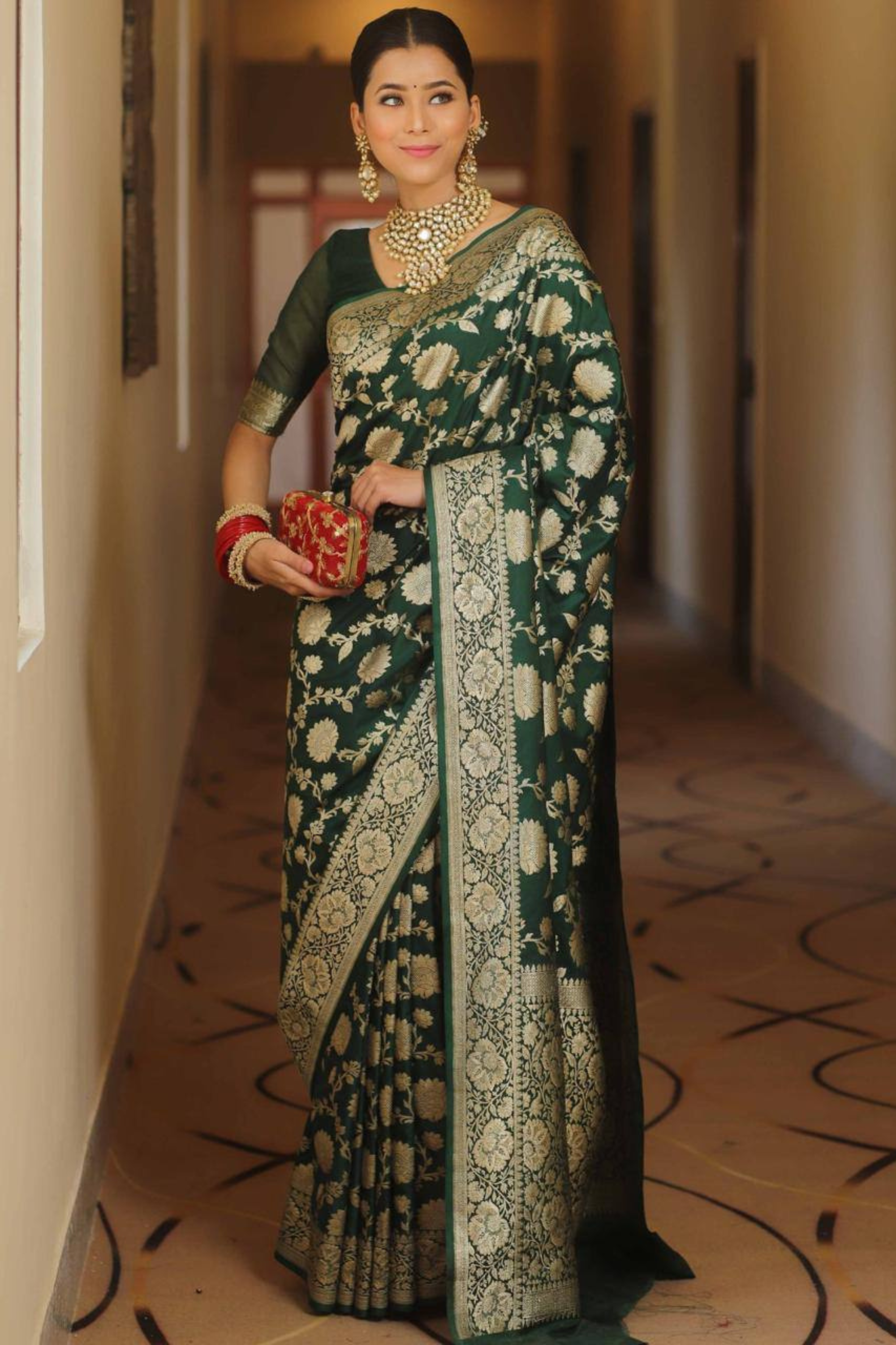 Burnished Sunbeam - Green Lichi Soft Silk Saree