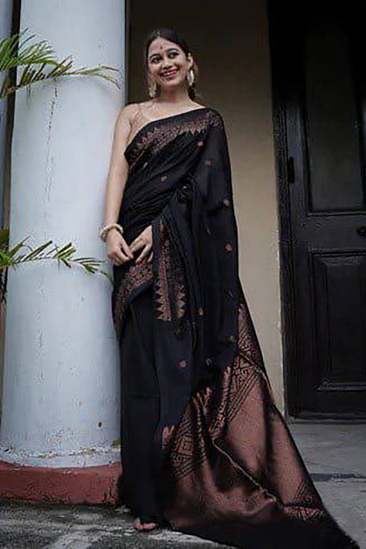 Sunrise Zephyr - Black Lichi Soft Silk Saree