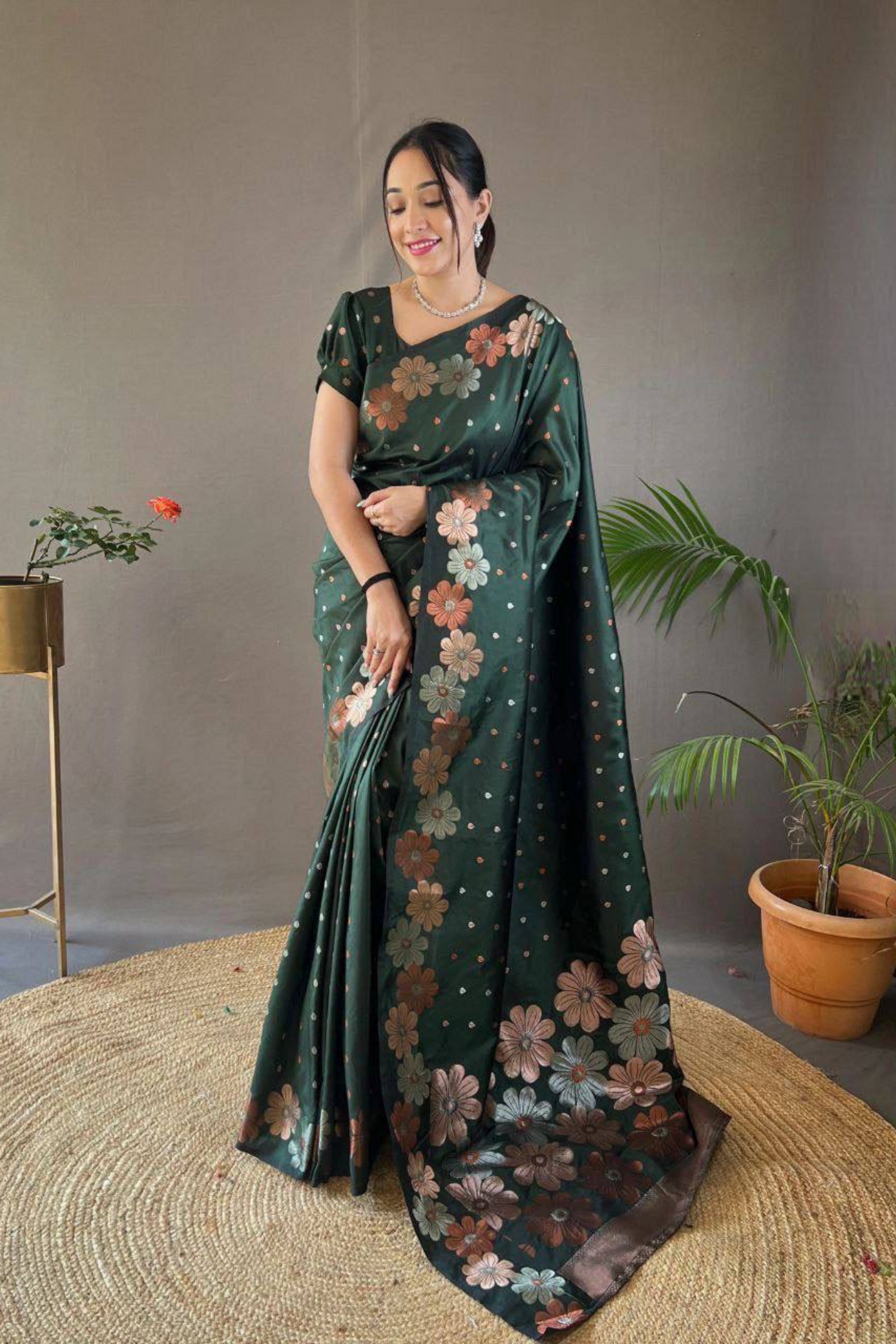 Rosette Bloom - Green Satin Silk Saree