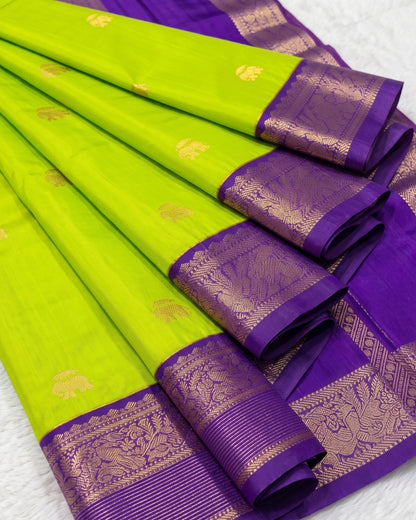 Viha - Parrot Green Contrast Border Silk Blend Saree