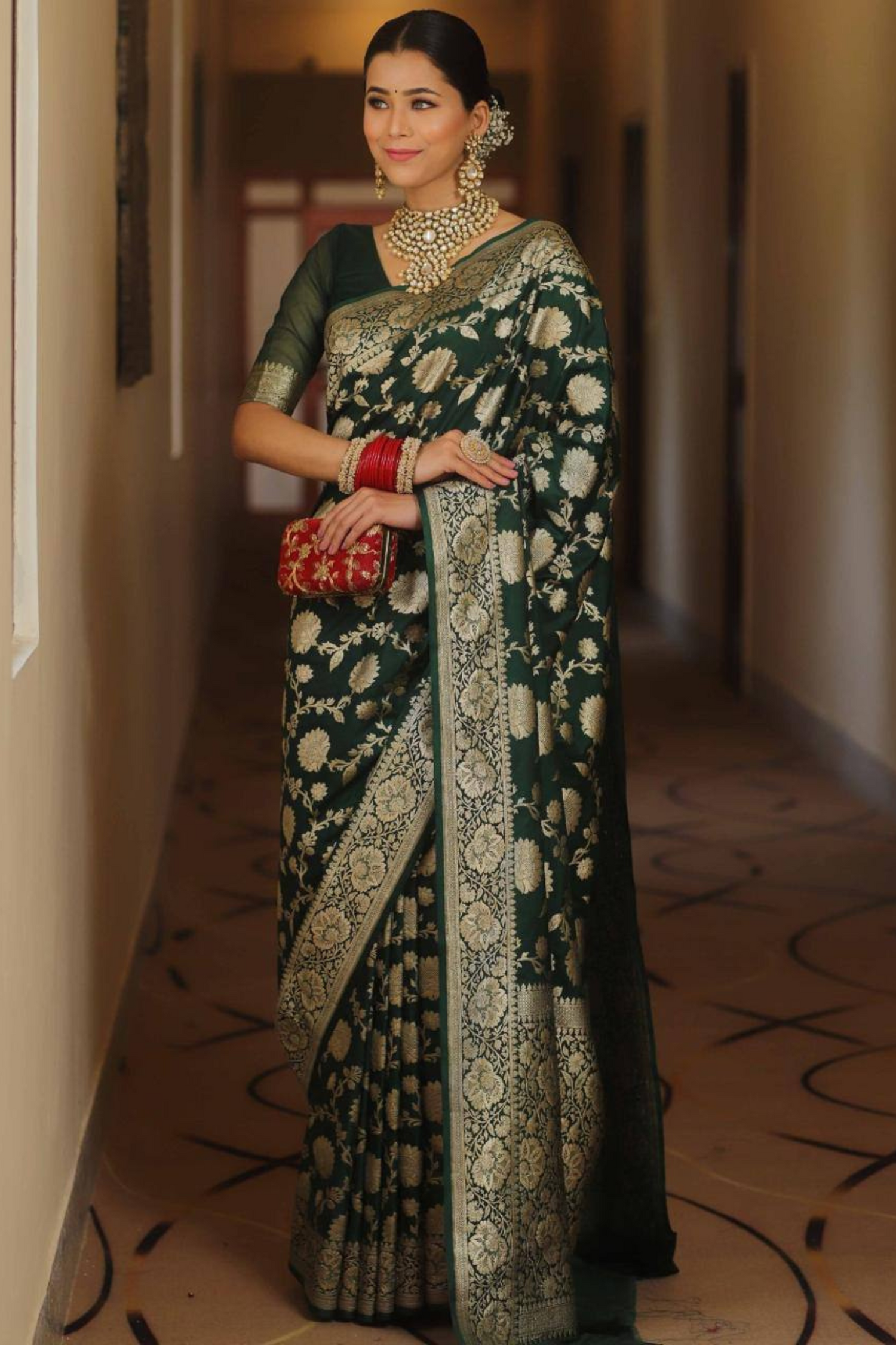 Burnished Sunbeam - Green Lichi Soft Silk Saree