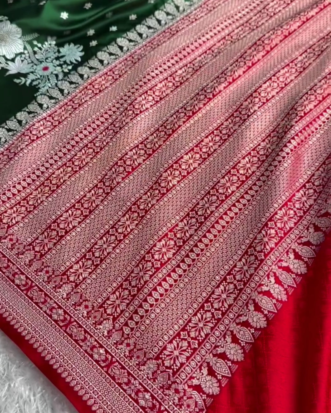 Mahika - Bottle Green Floral Banarasi Silk Saree