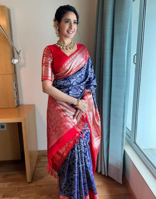 Kamya Blue-Red Kanchipuram Saree