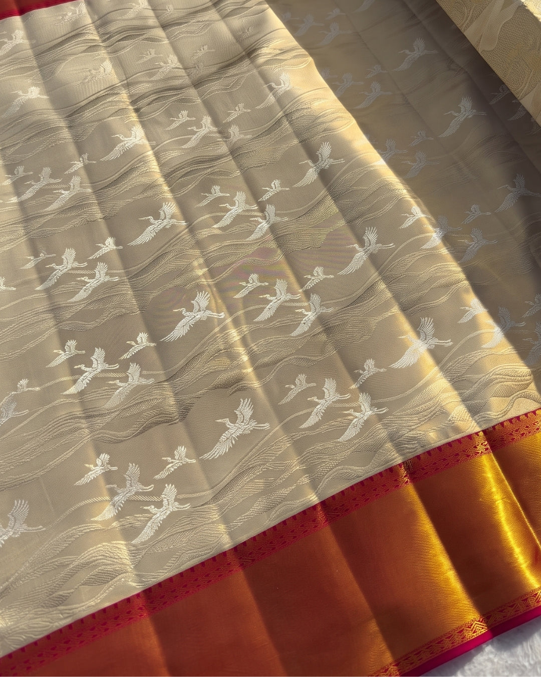 Freya - Champagne Crane Woven Kanjivaram Silk Saree