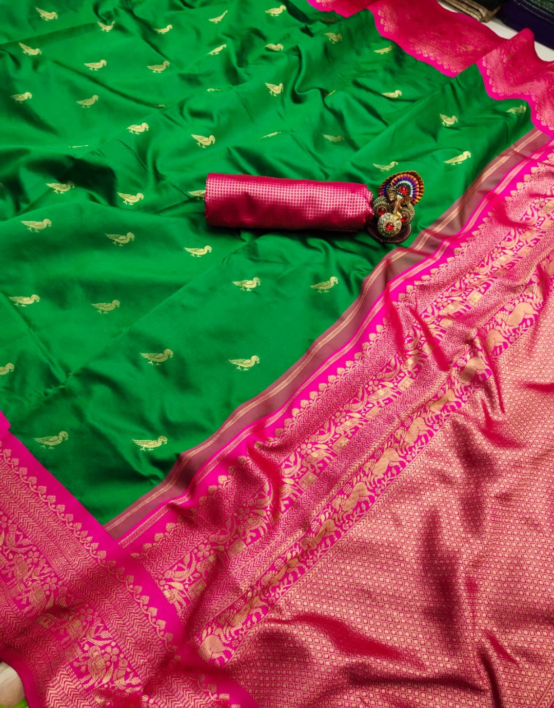 Moni Green-Pink Banarasi Silk Saree