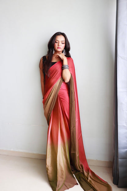 1 MIN Ready To Wear Peach With Coffe Dual shade Saree - Dark Coffe