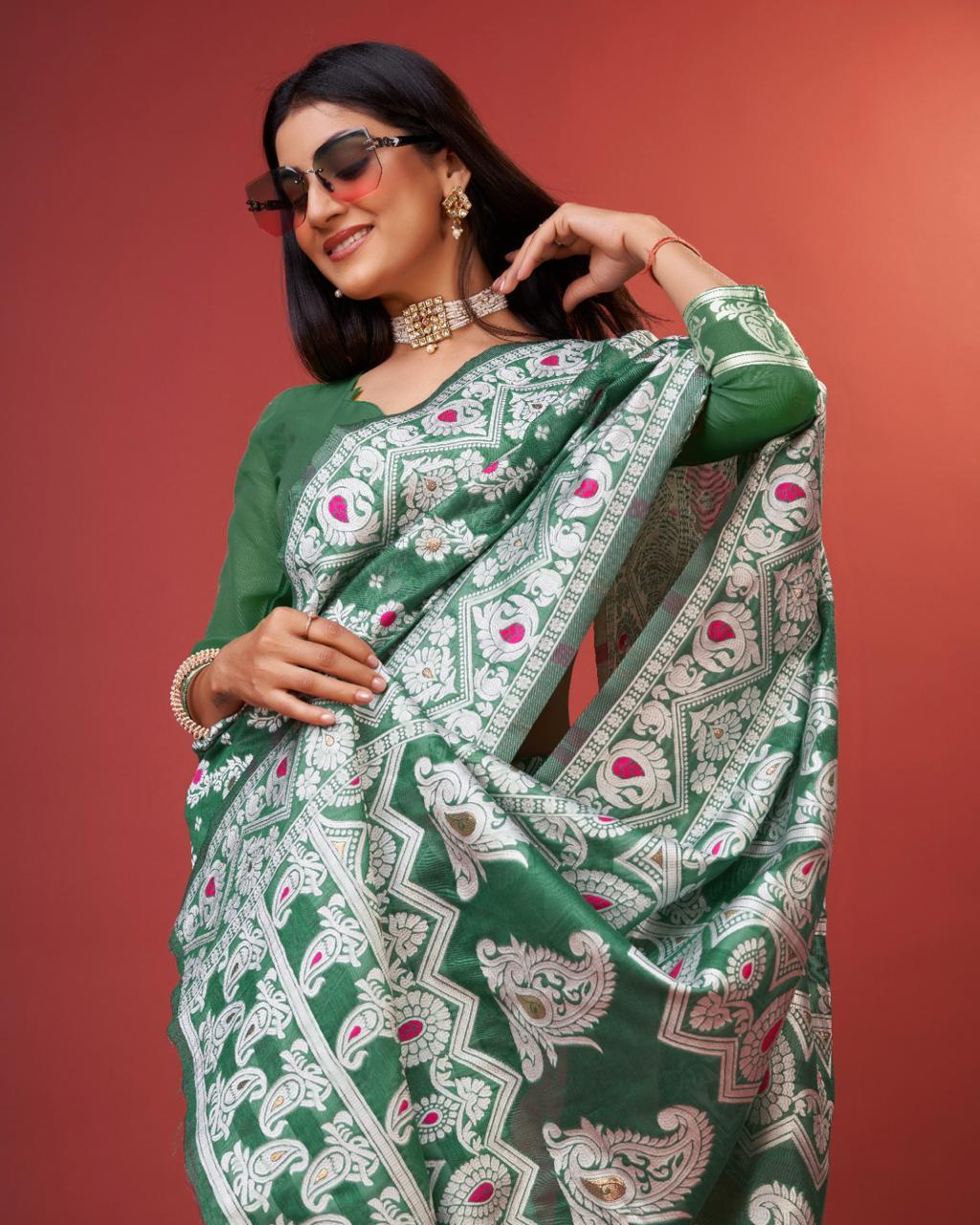 Kenvi Green Banarasi Silk Saree