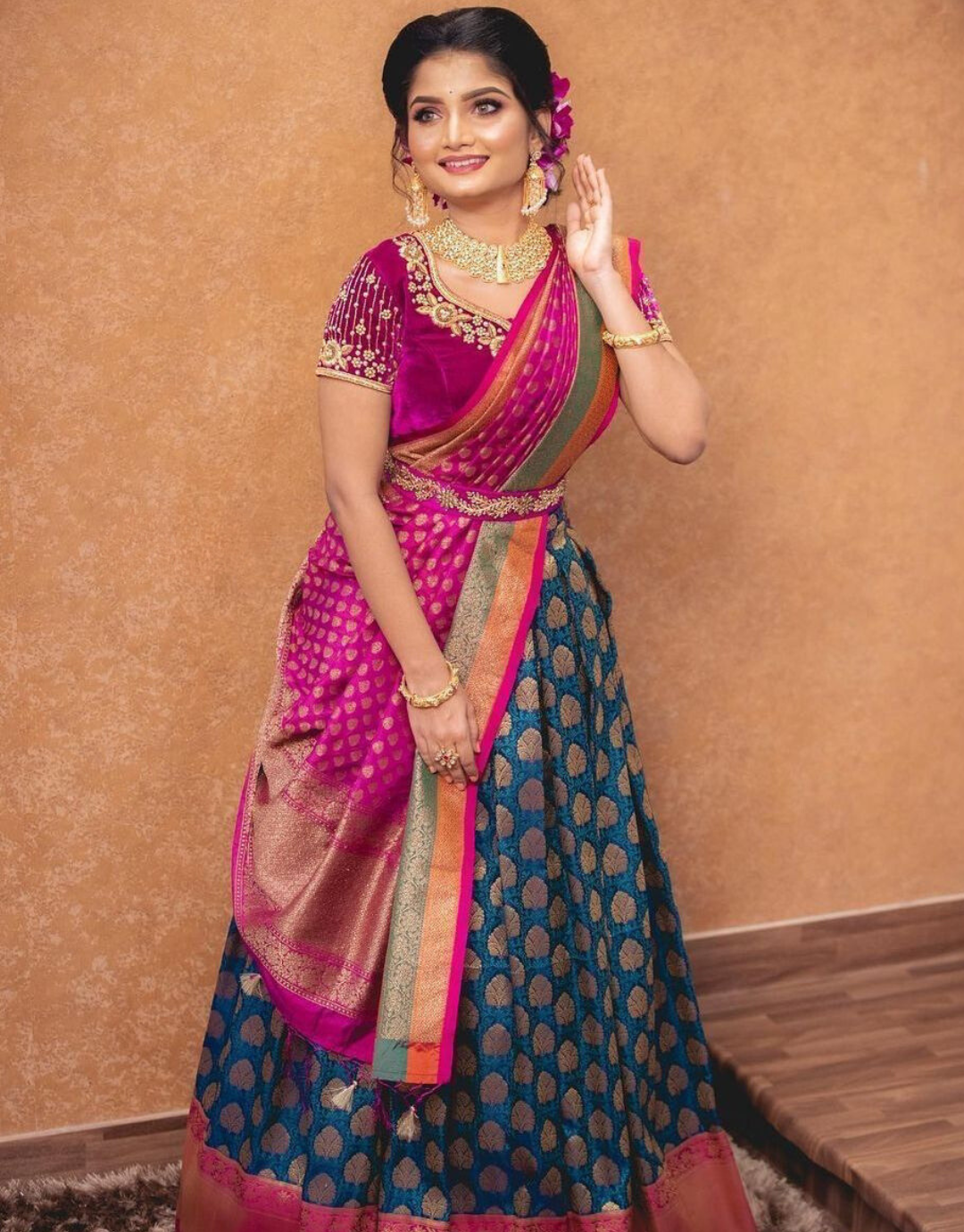 Rajvi Navy Blue -Deep Pink Kanchipuram Lehenga Choli