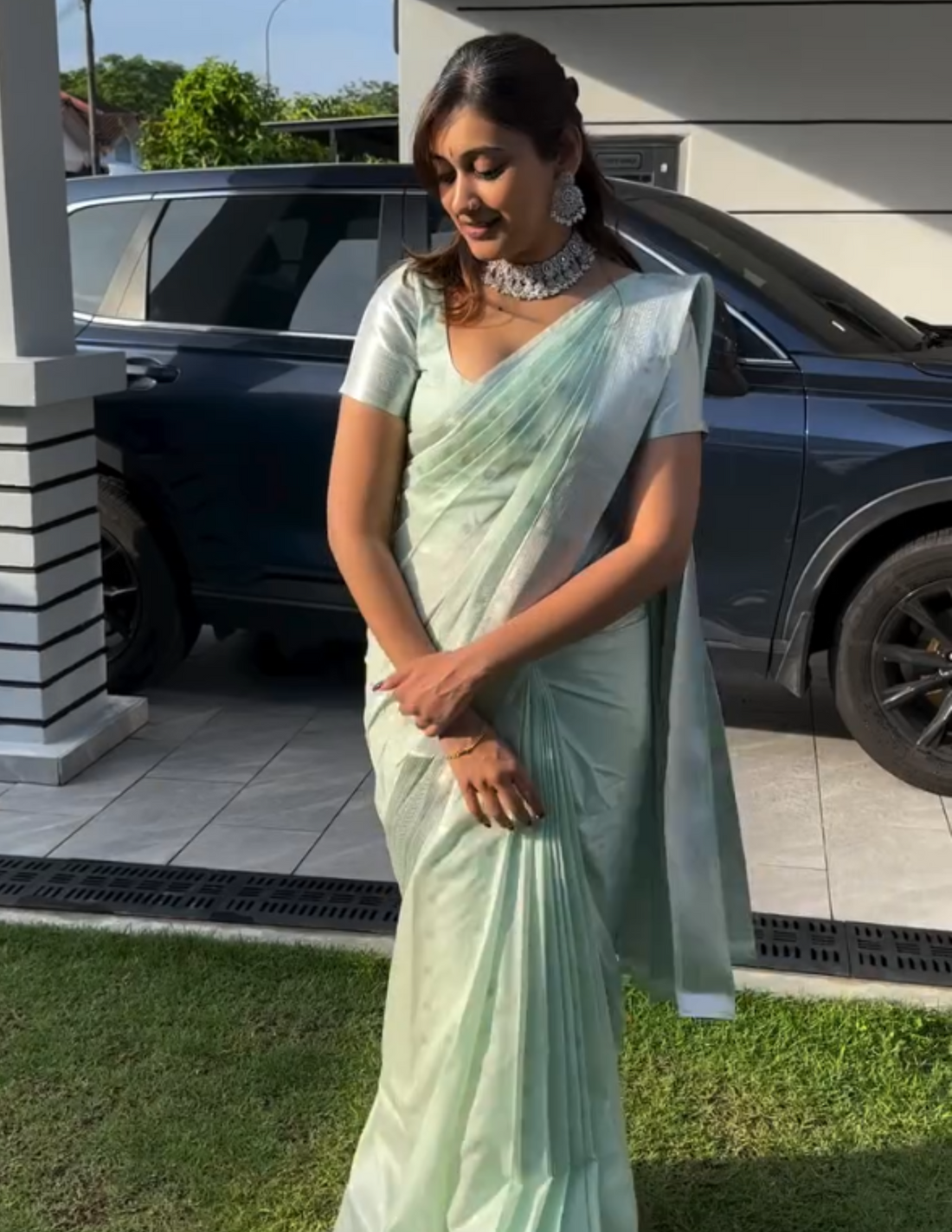 Mint Elegance - Organza Silk Saree