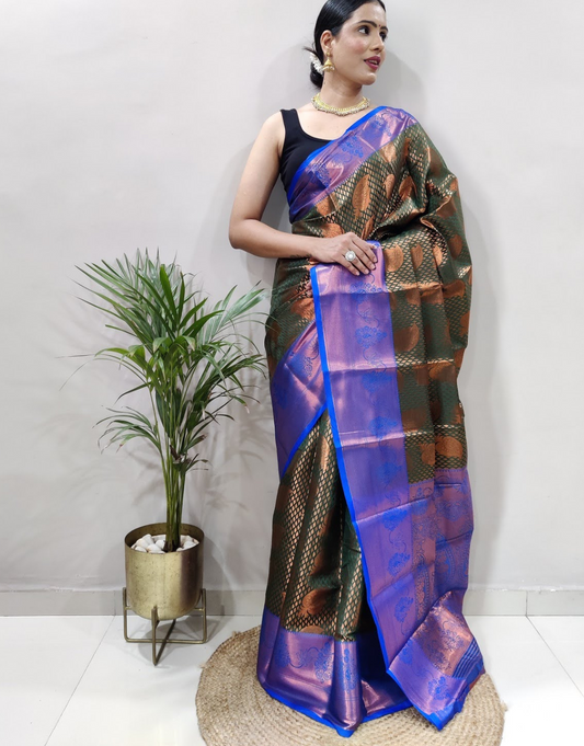 Mahi Dark Green-Navy Blue Soft Silk Saree