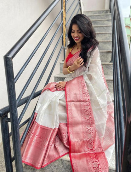 Garima White-Red Linen Silk Cotton Saree