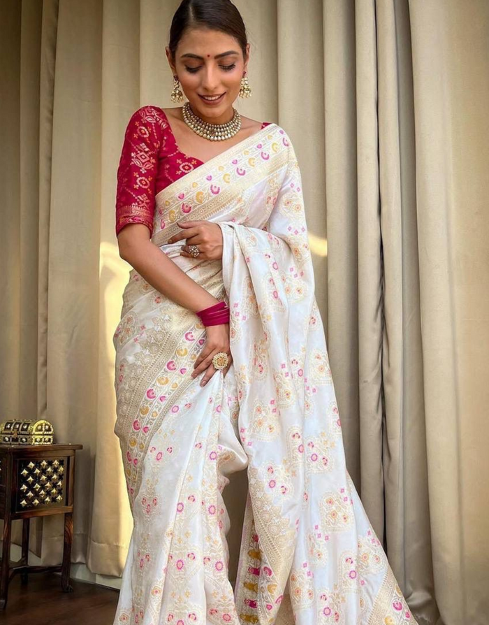 Tisha White Soft Banarasi Saree With Attached Blouse