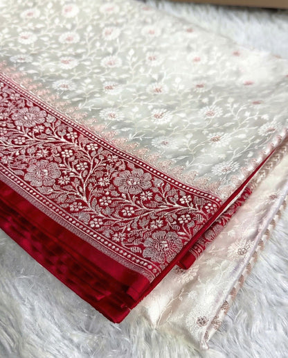 Sudhira - Ivory Banarasi Mashru Katan Silk Saree with Red Zari Border
