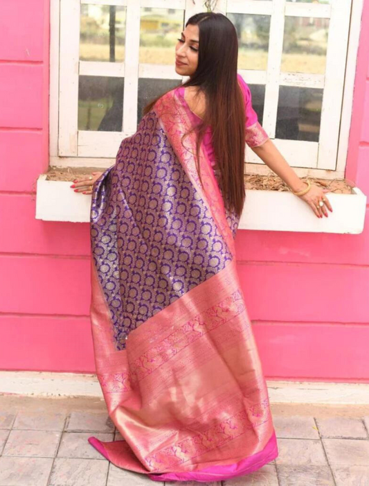 SARTHI BLUE PINK TRADITIONAL SOFT SILK SAREE WITH ATTACHED BLOUSE