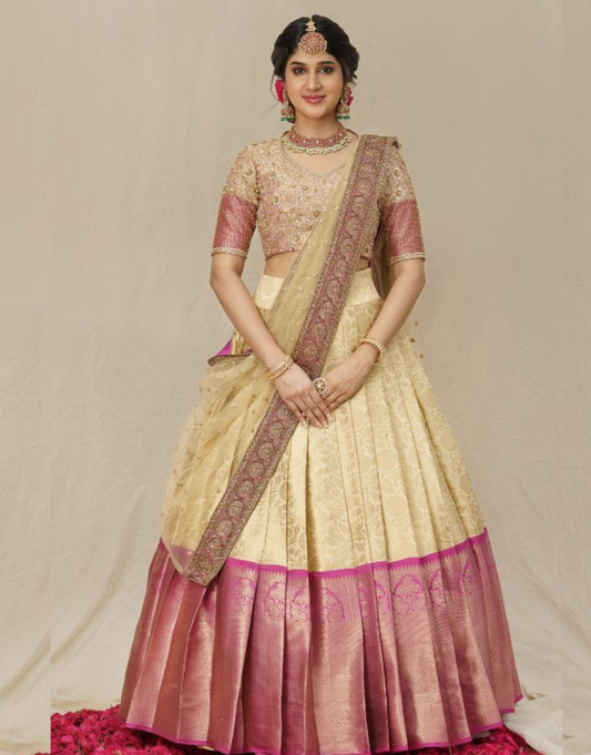 Rani Pink-Beige Kanchipuram Lehenga Choli