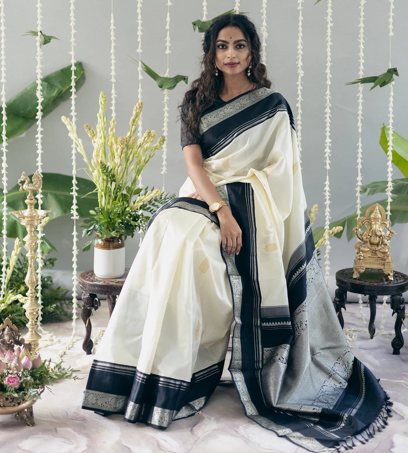 Radiant Pearl White Kanchipuram Silk Saree with Regal Gold Zari Border