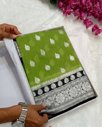 Virangana - Parrot Green Silver Zari Banarasi Saree