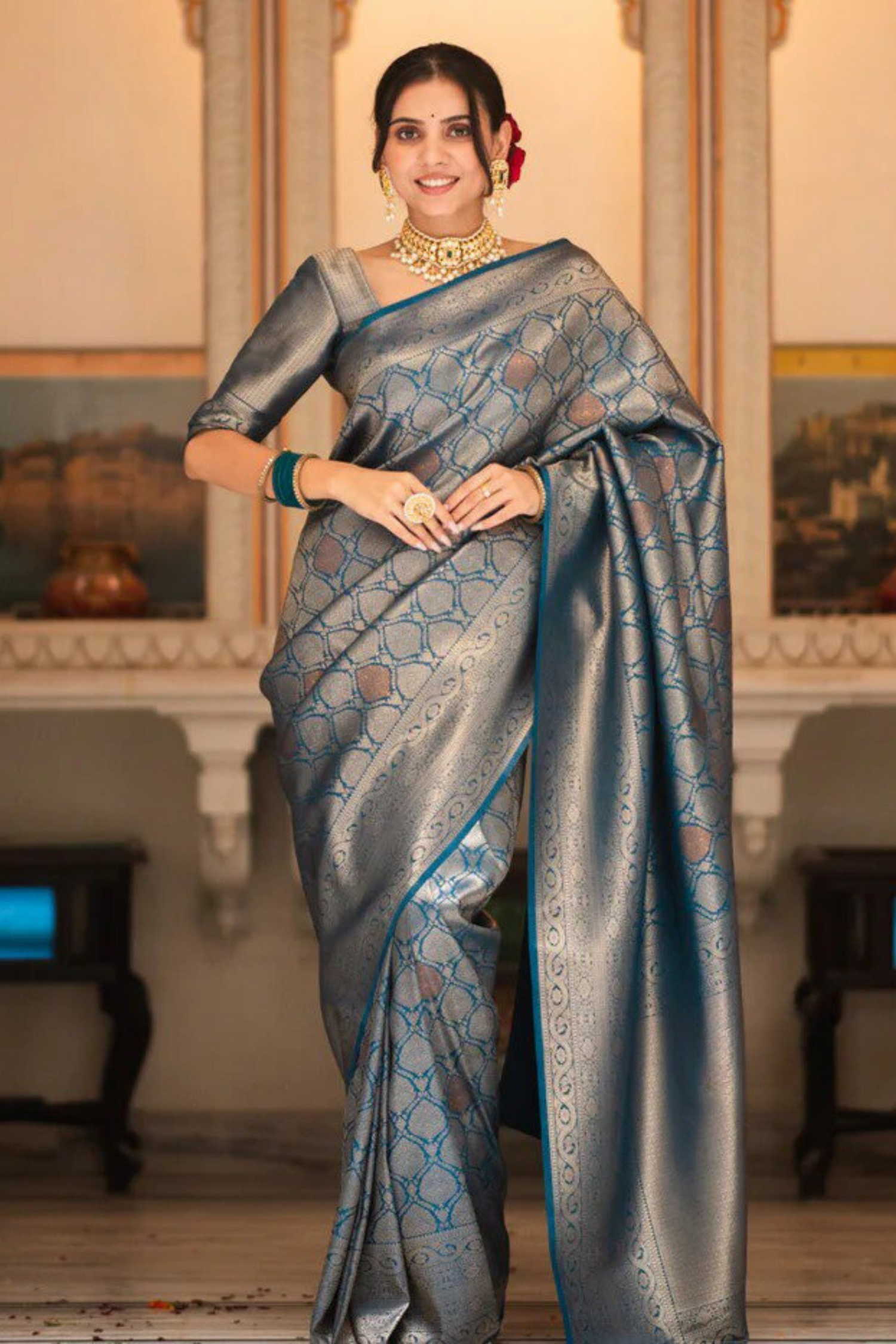 Blush Gleam - Blue - Banarasi Silk Saree