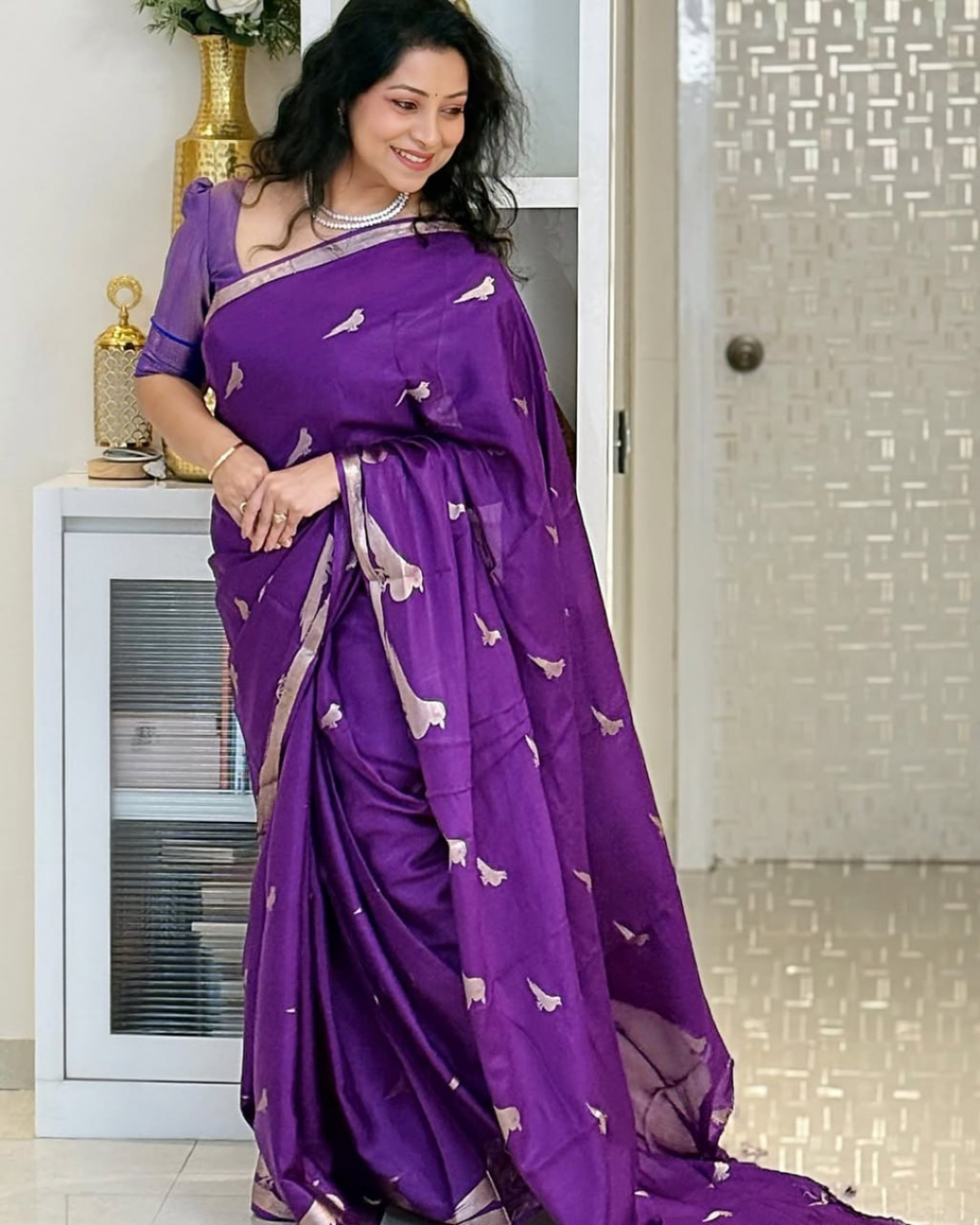 Sharvani - Violet Silk Saree with Leaf Motifs