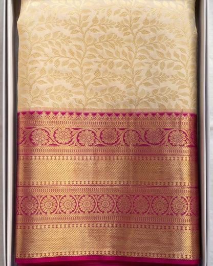 Aaradhya - Ivory Silk Saree With Pink Border