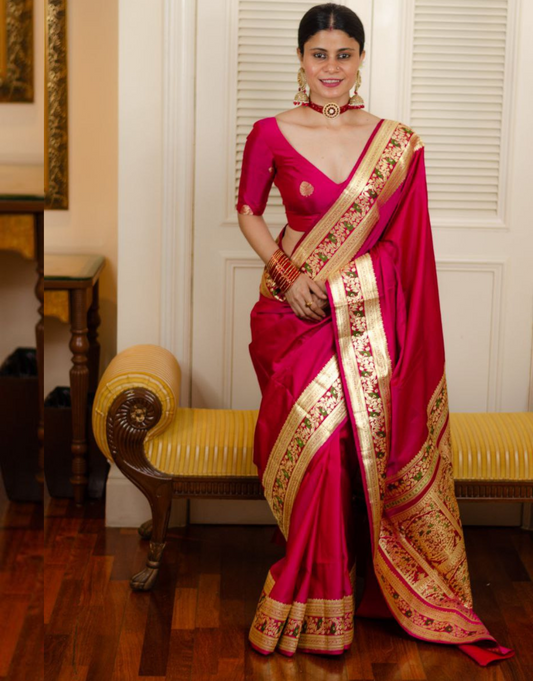 Priya Rose Red Soft Banarasi Silk Saree With Attractive Blouse