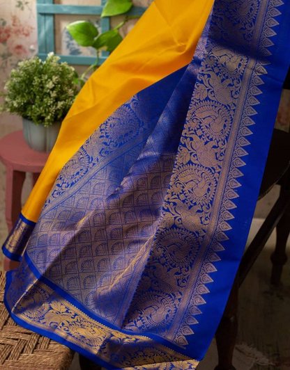 Ritika Dark Yellow Kanchipuram Silk Saree With Attached Blouse