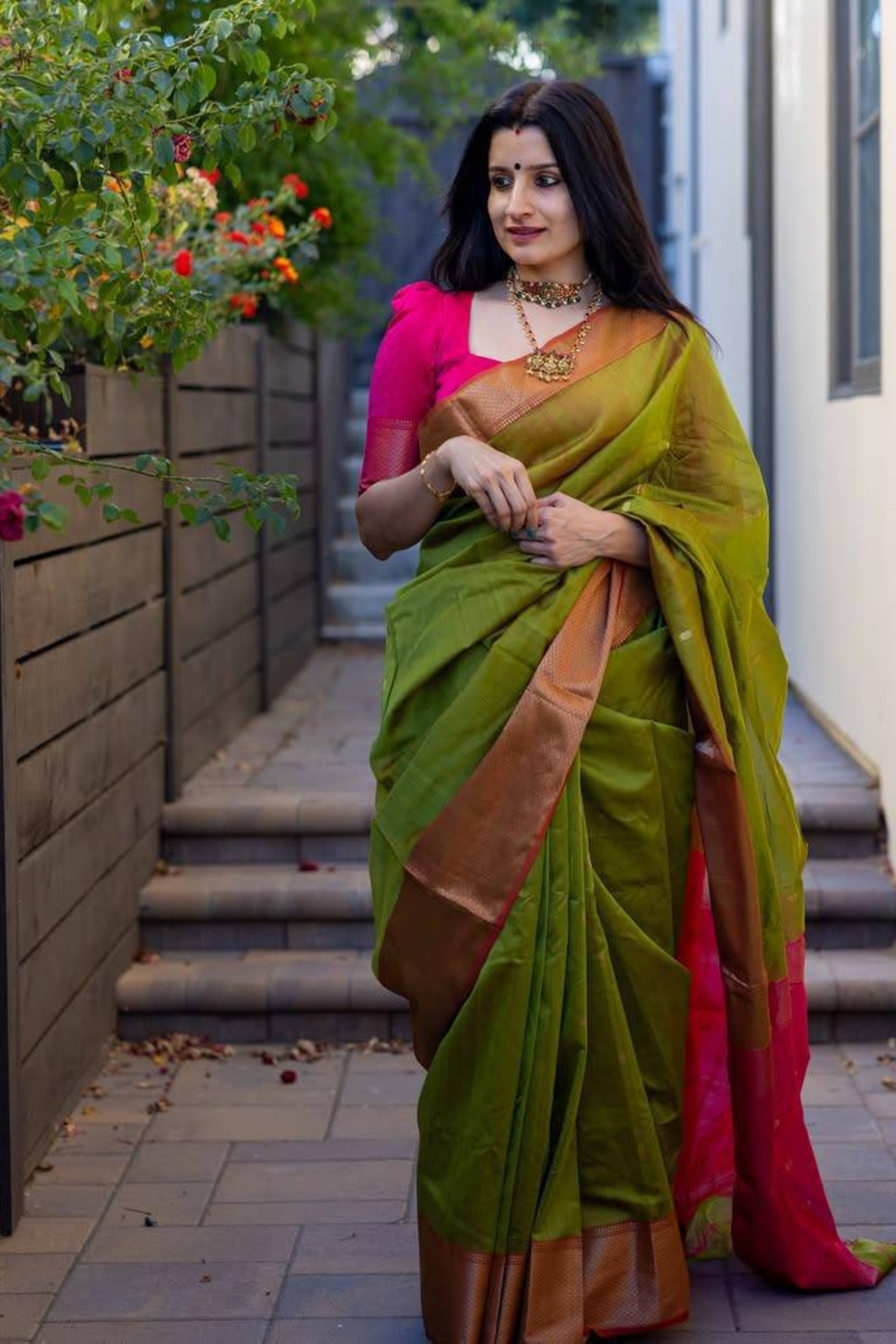 Fern Symphony - Green-Red Lici Soft Silk Saree