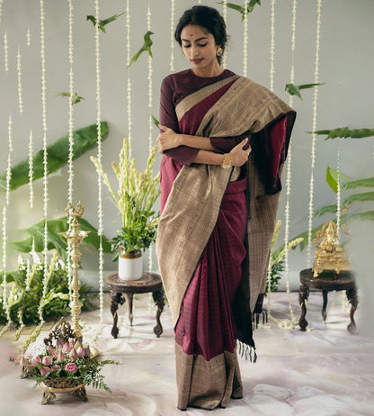 Majestic Maroon Kanchipuram Silk Saree with Intricate Gold Zari Work