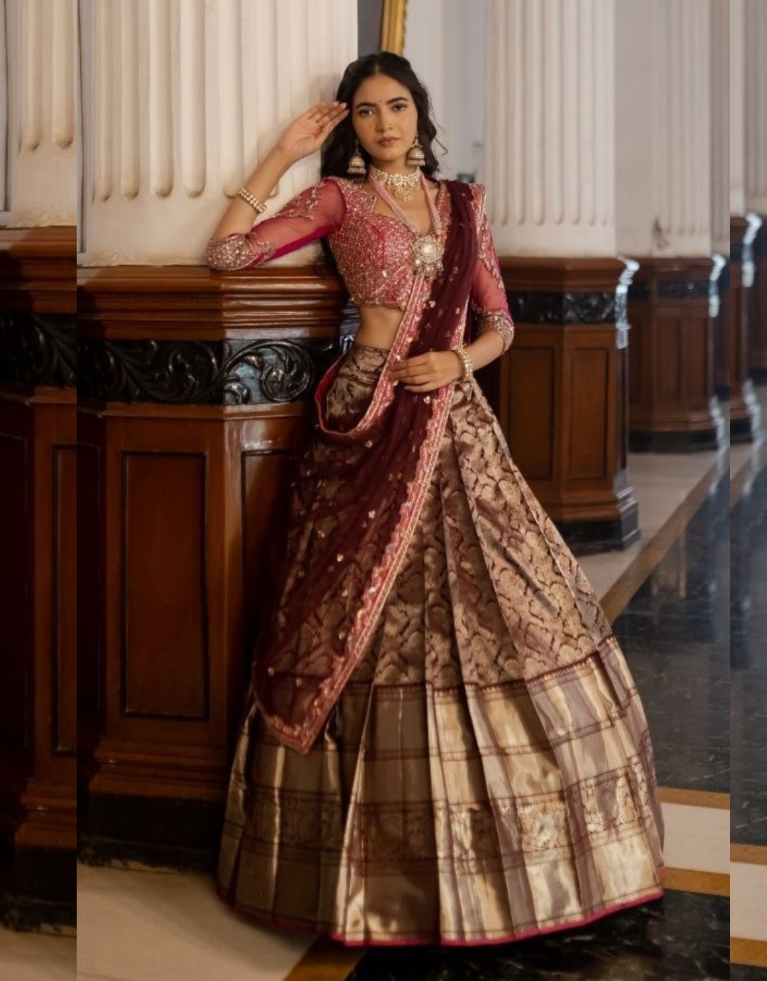 Lalita Deep Pink-Maroon Kanchipuram Lehenga Choli