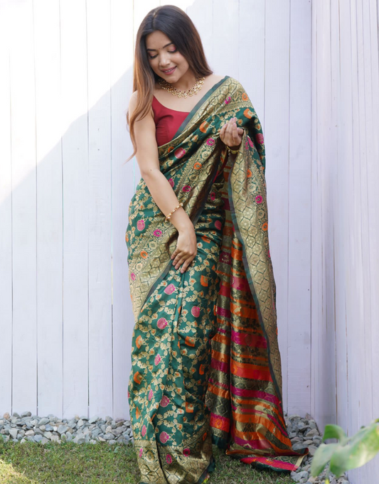 Meena Dark Green Banarasi Saree