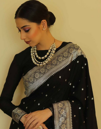 Vruti Black Cotton Silk Saree With Attached Blouse