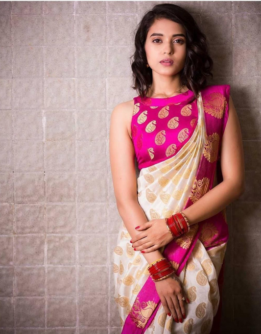 Prachi Ofwhite And Pink Banarasi Silk Saree With Attractive Blouse