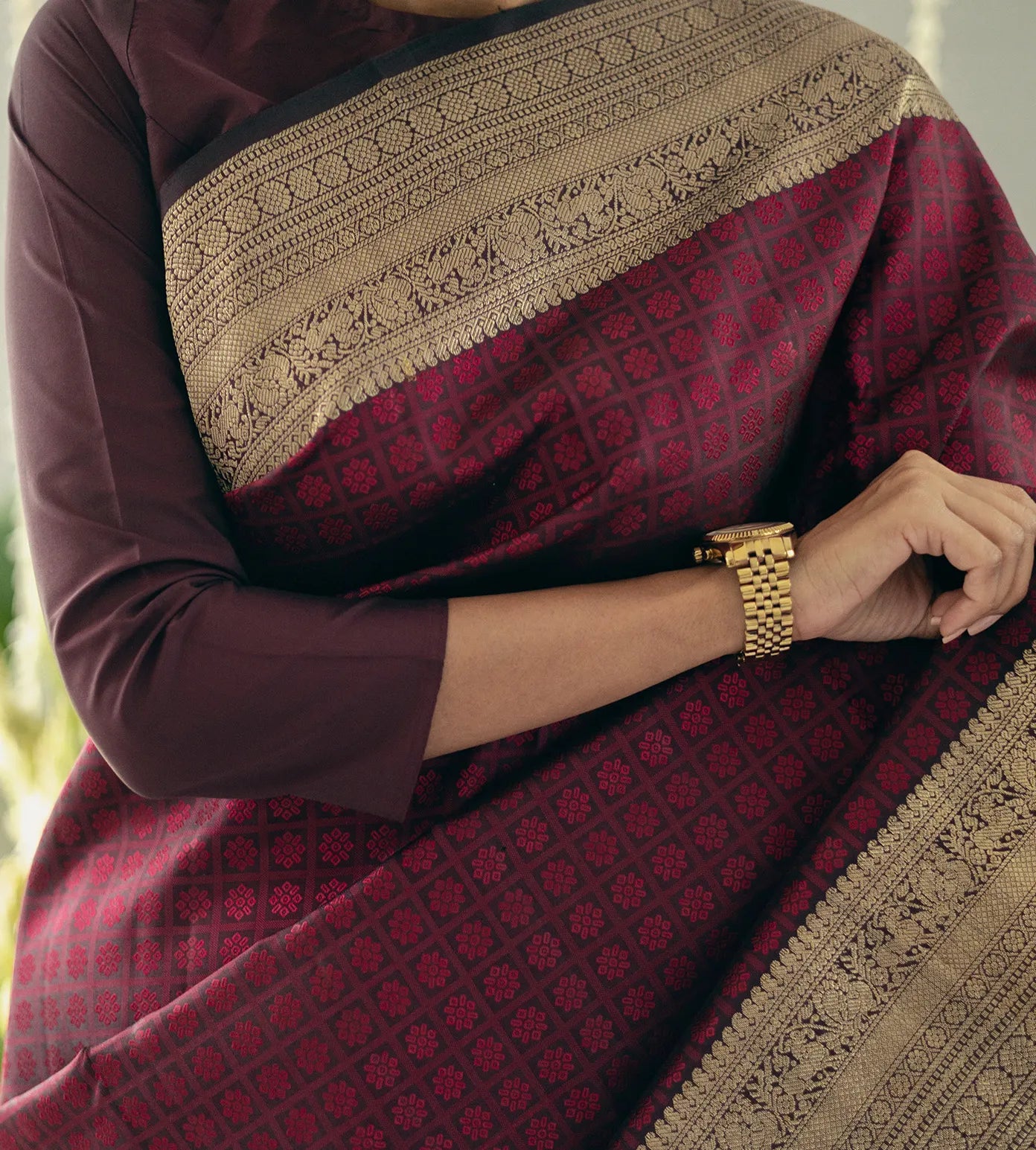 Majestic Maroon Kanchipuram Silk Saree with Intricate Gold Zari Work