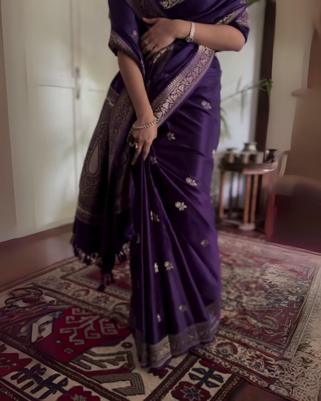 Rohini - Purple Banarasi Silk Saree with Silver Zari Border &amp; Butta Weave
