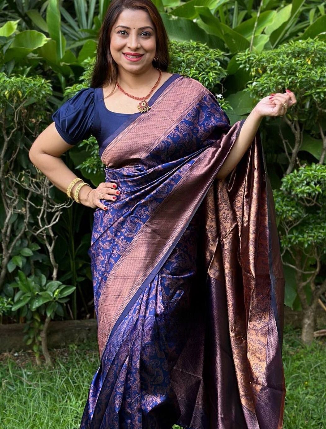 ZOE BLUE TRADITIONAL KANCHI SOFT SILK SARI WITH ATTACHED BLOUSE