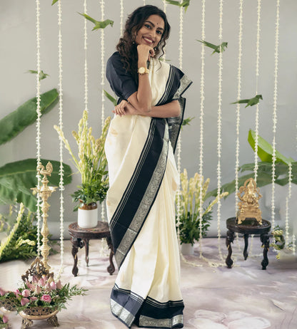 Radiant Pearl White Kanchipuram Silk Saree with Regal Gold Zari Border