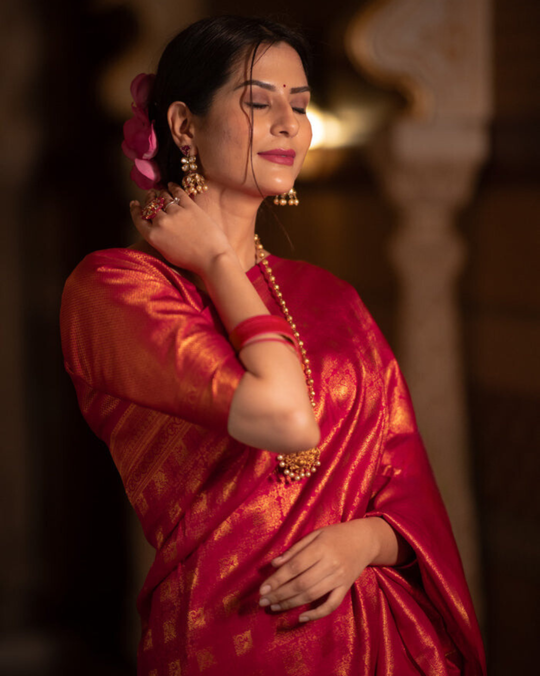 Golden Garnet - Handwoven Banarasi Silk Saree