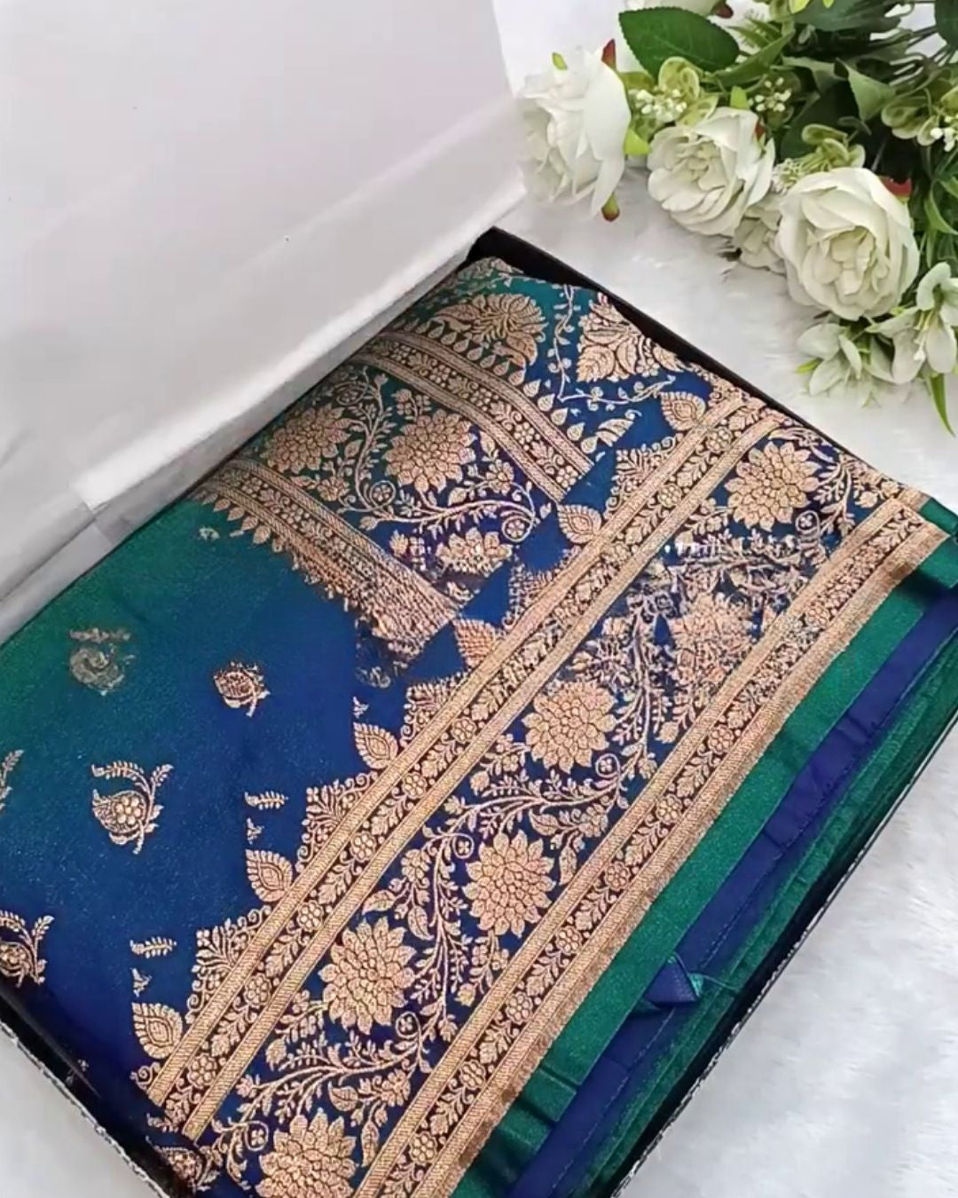 Mrunal - Teal Blue Banarasi Silk Saree with Zari Floral Border