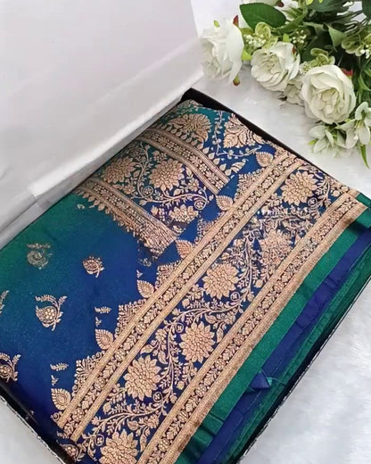 Mrunal - Teal Blue Banarasi Silk Saree with Zari Floral Border