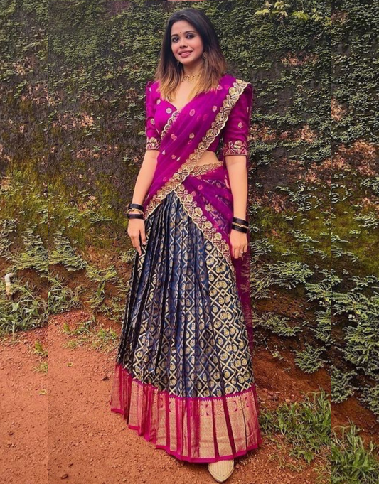 Neha Purple-Navy Blue Kanchipuram Lehenga Choli